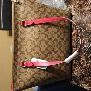 Coach Brown Tote with Pink Handles